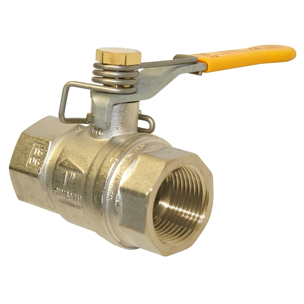 Nickel-Plated Brass Ball Valve - Spring Close Lever PN40 BSP with spring-return mechanism for safety.