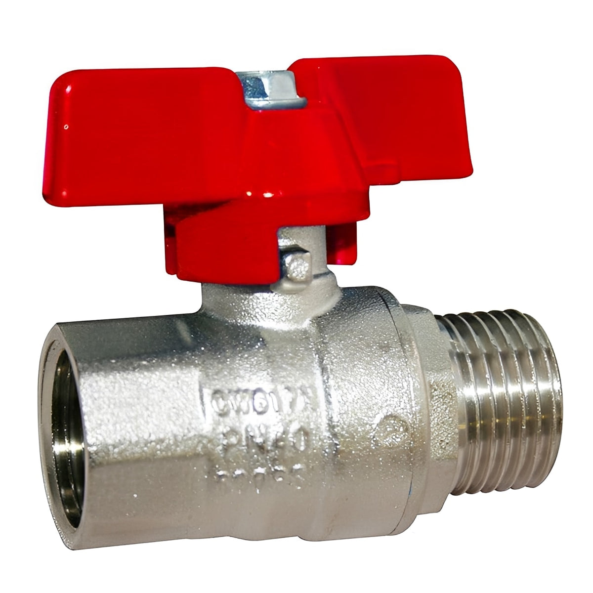 Brass Ball Valve Male x Female Red Butterfly Handle - Full Bore for reliable fluid control in plumbing systems.
