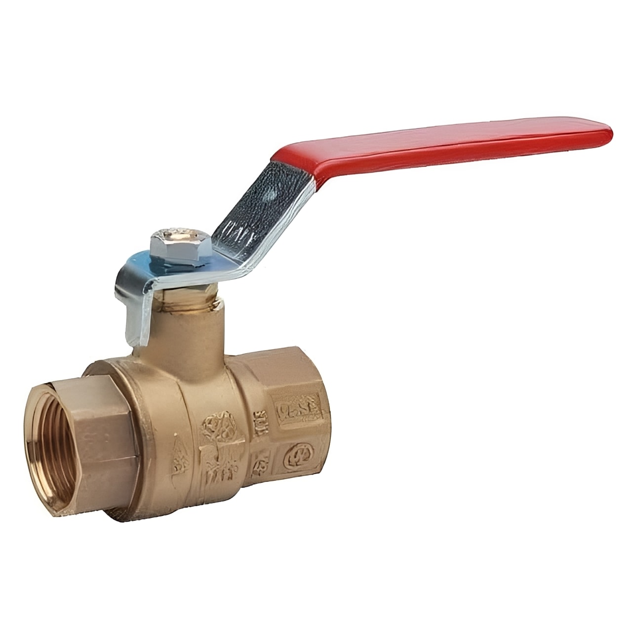Nickel-Plated Brass Ball Valve - NPT Male x Female Full Bore with red lever handle for fluid control.