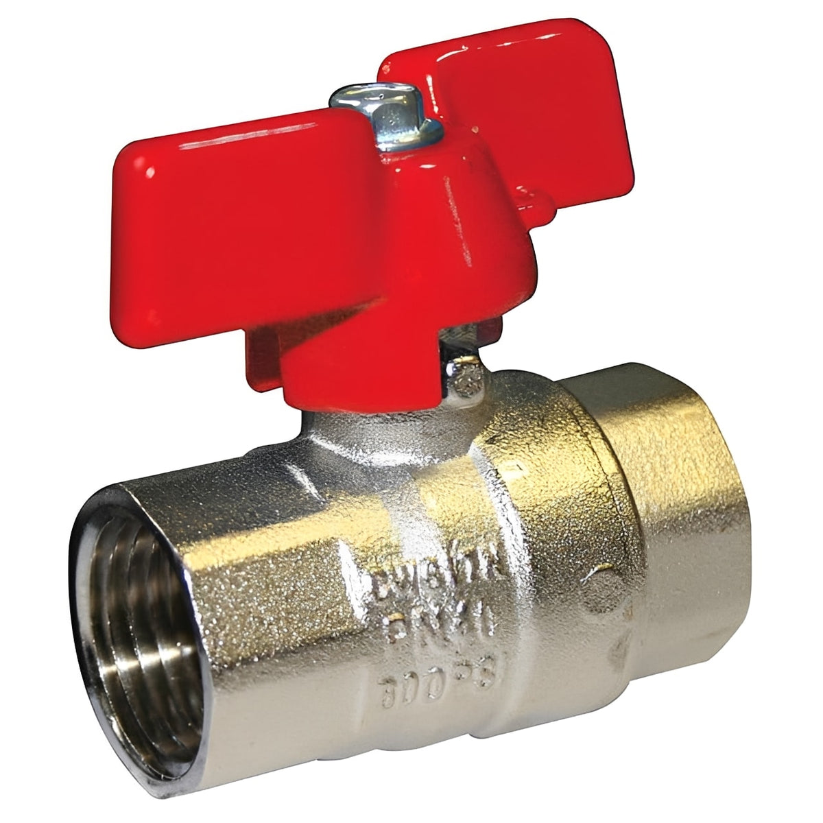 Brass Ball Valve - Red Butterfly Handle WRAS Approved Nickel-Plated for reliable water flow control.