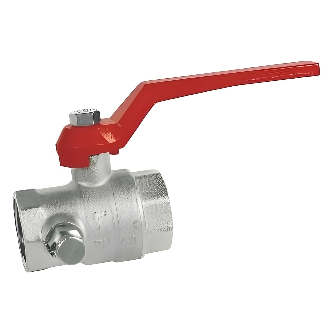 Nickel-Plated Brass Ball Valve with Integrated Drain Plug, featuring a red lever for easy operation.