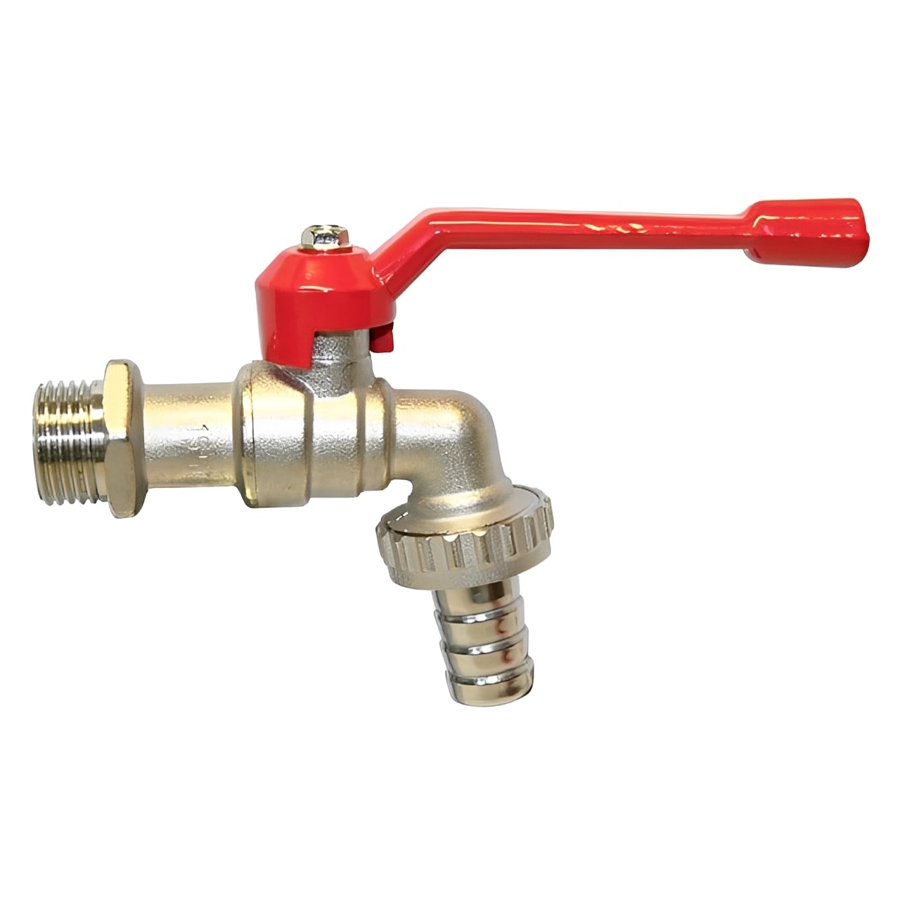 Brass Ball Valve with Hose Union - Nickel-Plated PN16, featuring a red handle for fluid control and hose connection.
