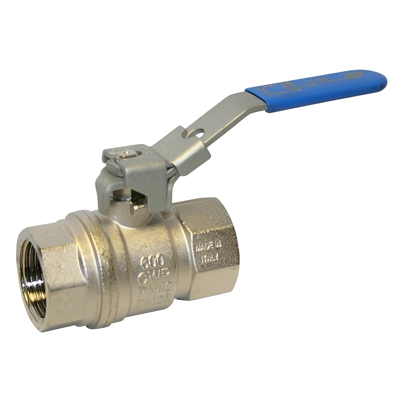 Nickel-Plated Brass Vented Ball Valve with Locking Lever for pressurized systems control.