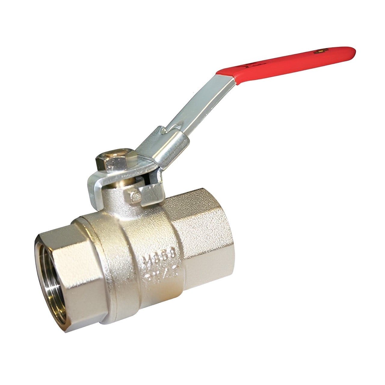 Nickel-Plated Brass Ball Valve - Locking Red Lever NPT Full-Bore with a durable design and lock mechanism.