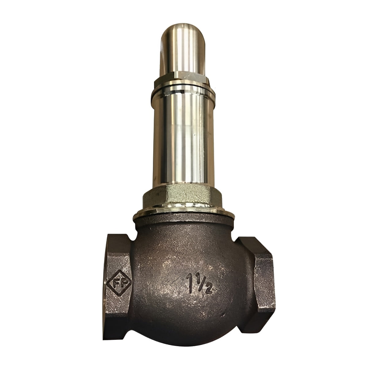 Brass Inline Safety Relief Valve - Metal Seat PN16 BSPP shown from the side, highlighting its durable design and metal construction.