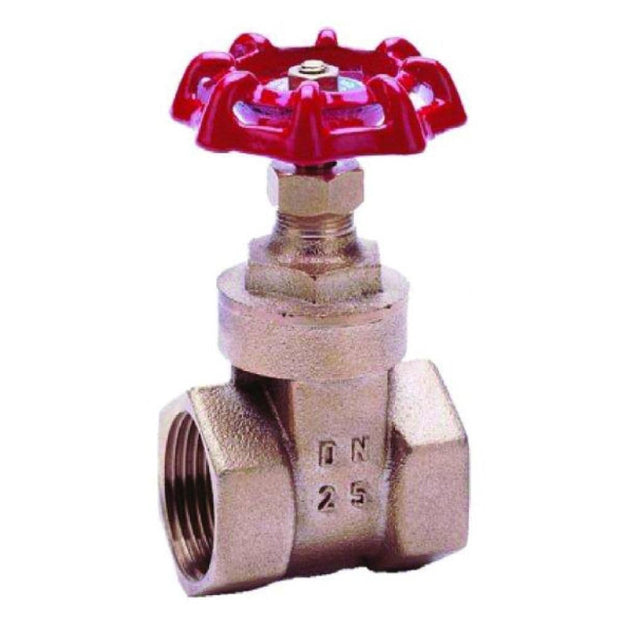 Brass Gate Valve - WRAS Approved for Potable Water, featuring a red handle for flow control.