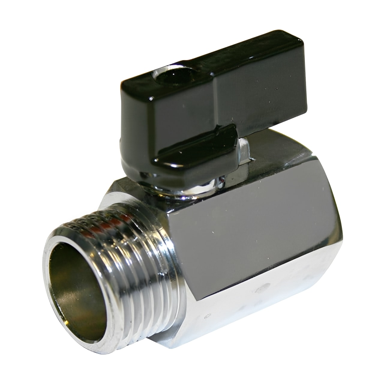 Brass Mini Ball Valve Male x Female BSPP - Black Handle with a polished finish and black handle for shut-off control.