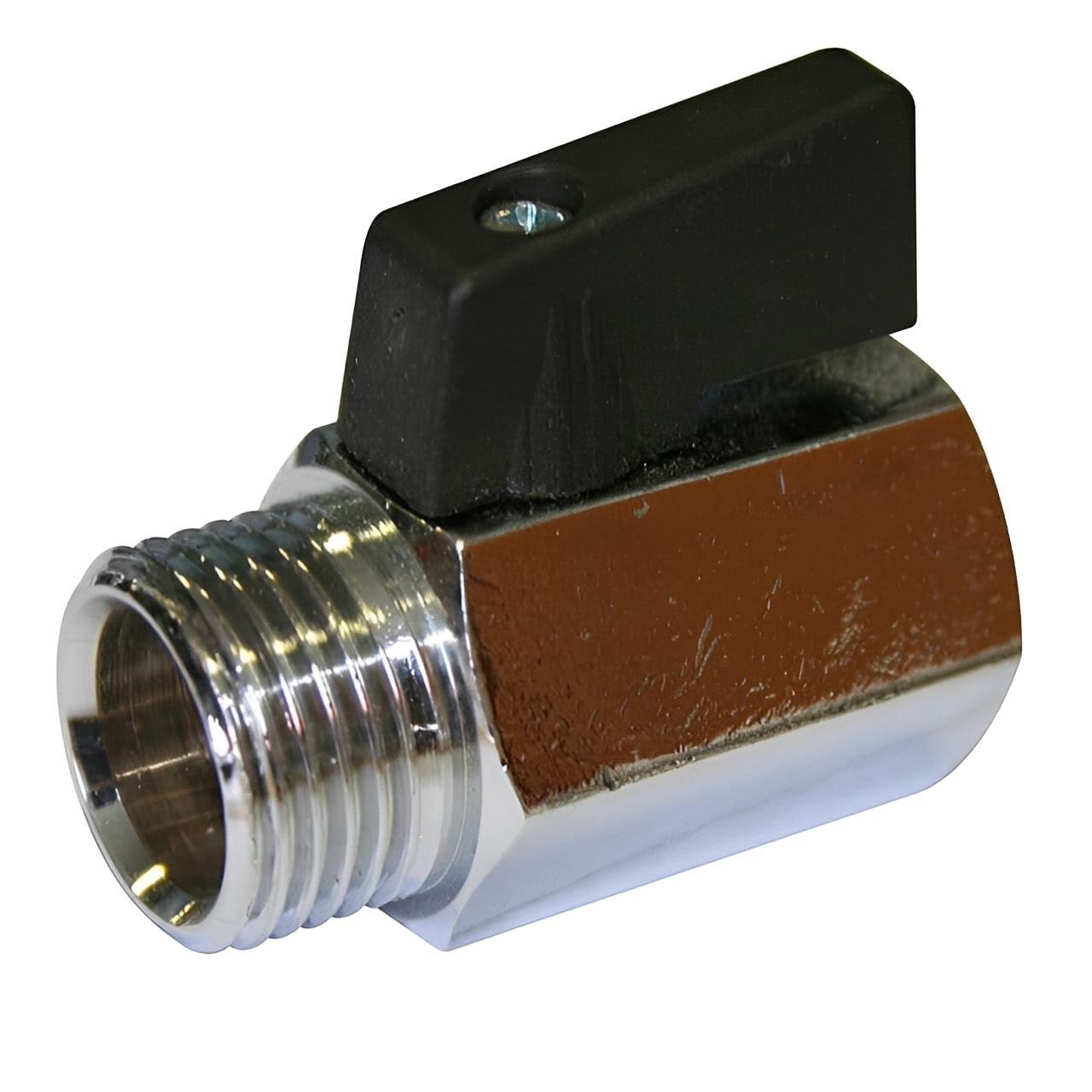 Brass Mini Ball Valve Male x Female Chrome WRAS Approved PN16 close-up with chrome finish and black handle