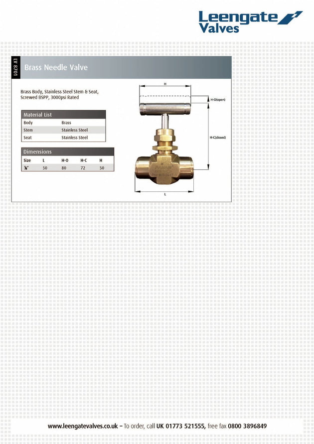 Brass Needle Valve - BSPP Screwed 3000psi Handwheel Flow Control specifications and dimensions overview.