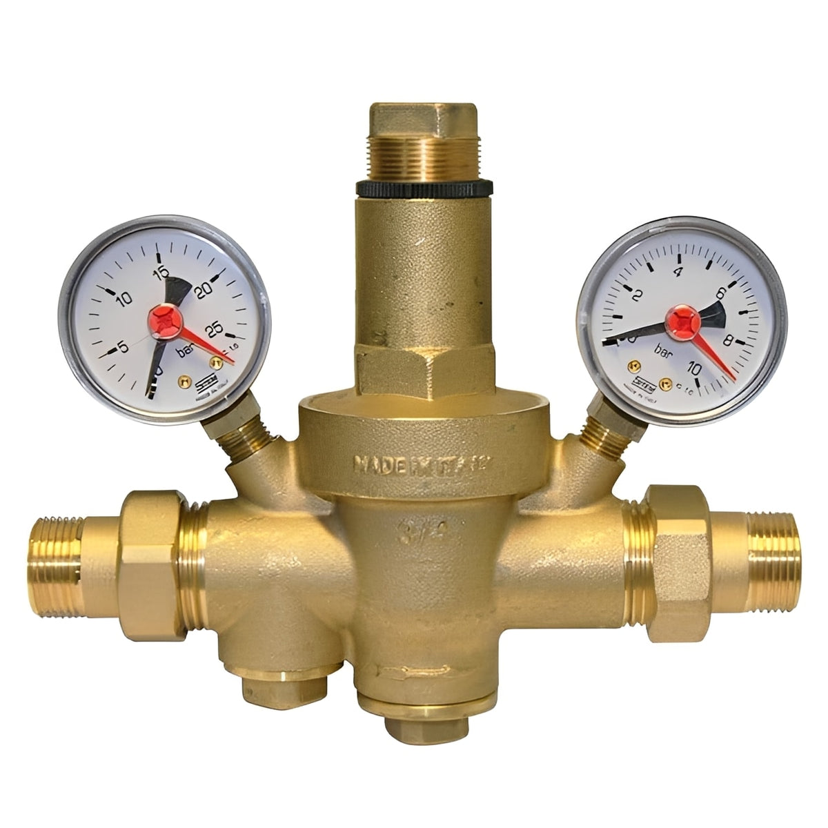 Brass Pressure Reducing Valve 25 Bar Inlet with Twin Gauges for accurate water pressure control.