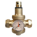 Brass Pressure Reducing Valve with 10 Bar Gauge - 25 Bar Max showing integrated pressure gauge for monitoring.