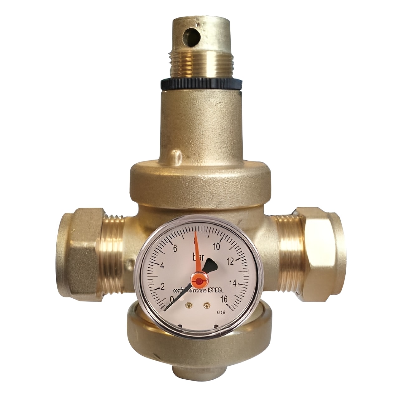 Brass Pressure Reducing Valve with 10 Bar Gauge - 25 Bar Max showing integrated pressure gauge for monitoring.