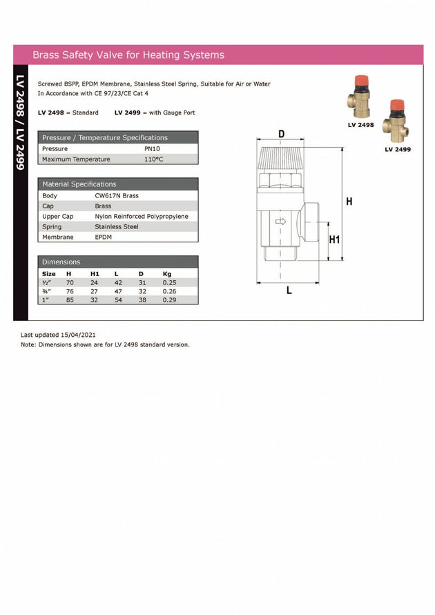 Brass Safety Valve for Heating Systems - BSPP PN10 specifications and technical details for reliable pressure relief.