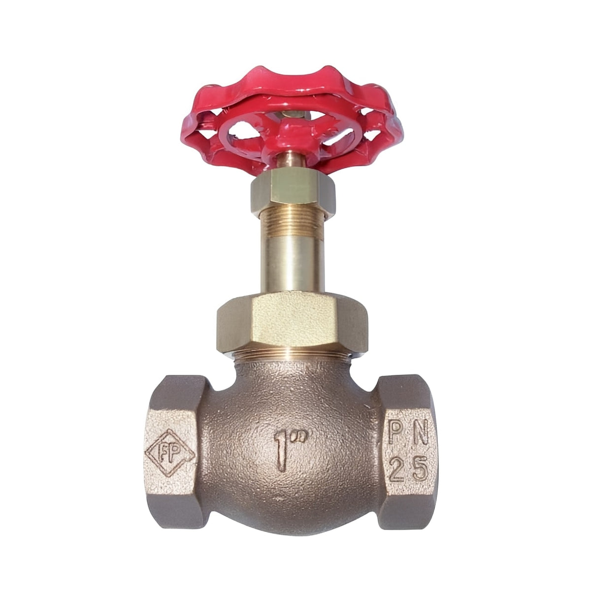 Bronze Globe Valve PN25 - Screwed BSPP Handwheel Operated with red handwheel and bronze body.