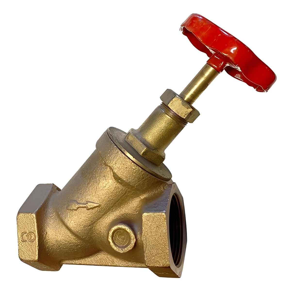 Bronze Y-Pattern Globe Valve - Screwed BSP PN10 PTFE Seat with red handle and streamlined body design.