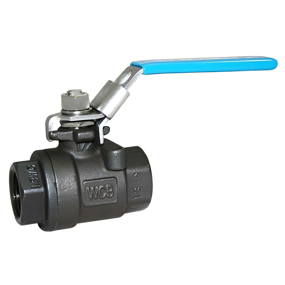 Carbon Steel Ball Valve - 2-Piece Body Full Bore BSPP Female with blue handle and robust construction