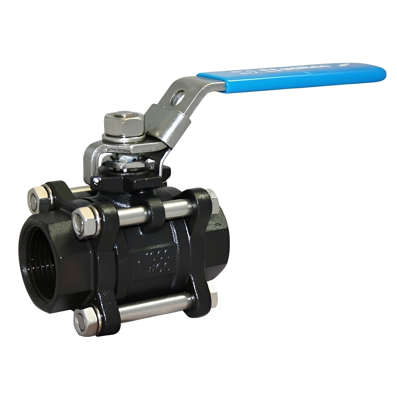 Carbon Steel 3-Piece Socket Weld Ball Valve 1000 psi with blue handle and robust design.