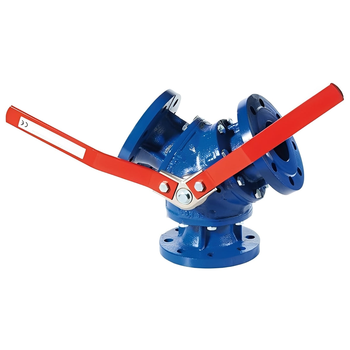 Cast Iron 3-Way Y-Port Diverter Ball Valve - Flanged PN16 with red handles and flanged connections.