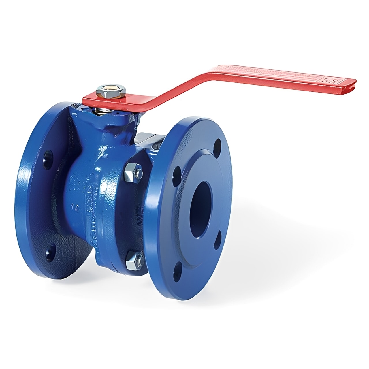 Cast Iron Ball Valve - Flanged ANSI 150 PN16 Direct Mount with red lever handle and flanged ends.
