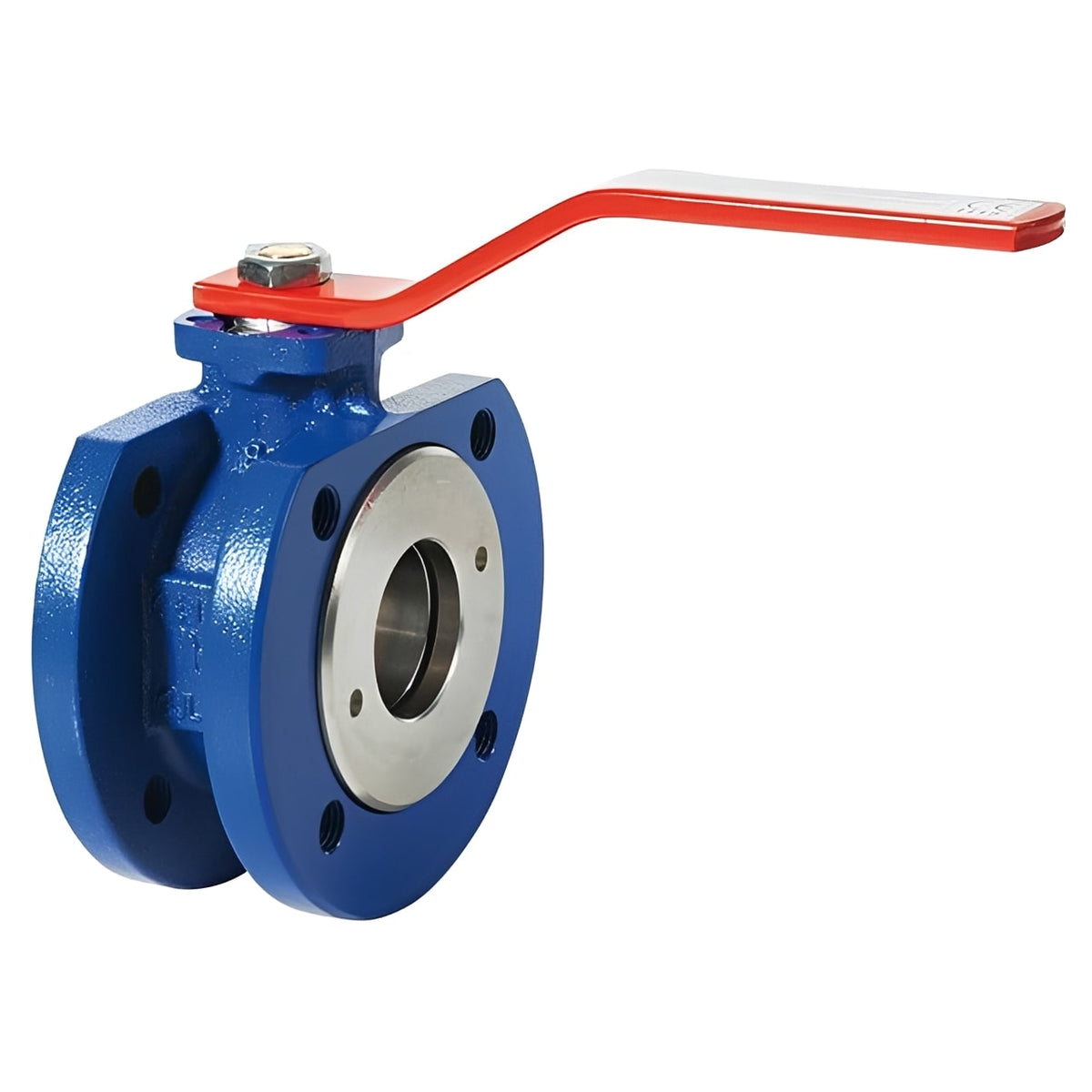 Cast Iron Ball Valve - Wafer Type Direct Mount PN16 in blue with red handle for fluid control