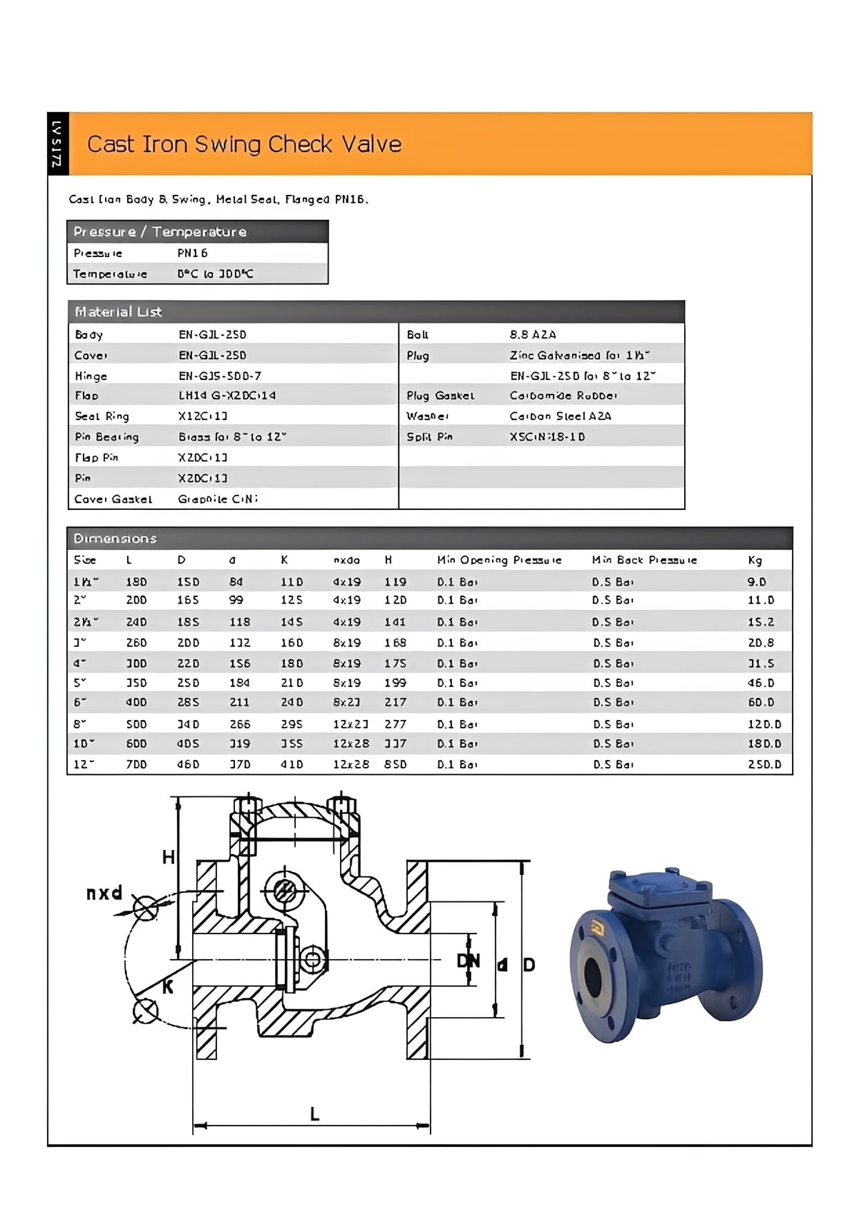 Cast Iron Flanged PN16 Check Valve with Stainless Steel Seat specifications and detailed features.