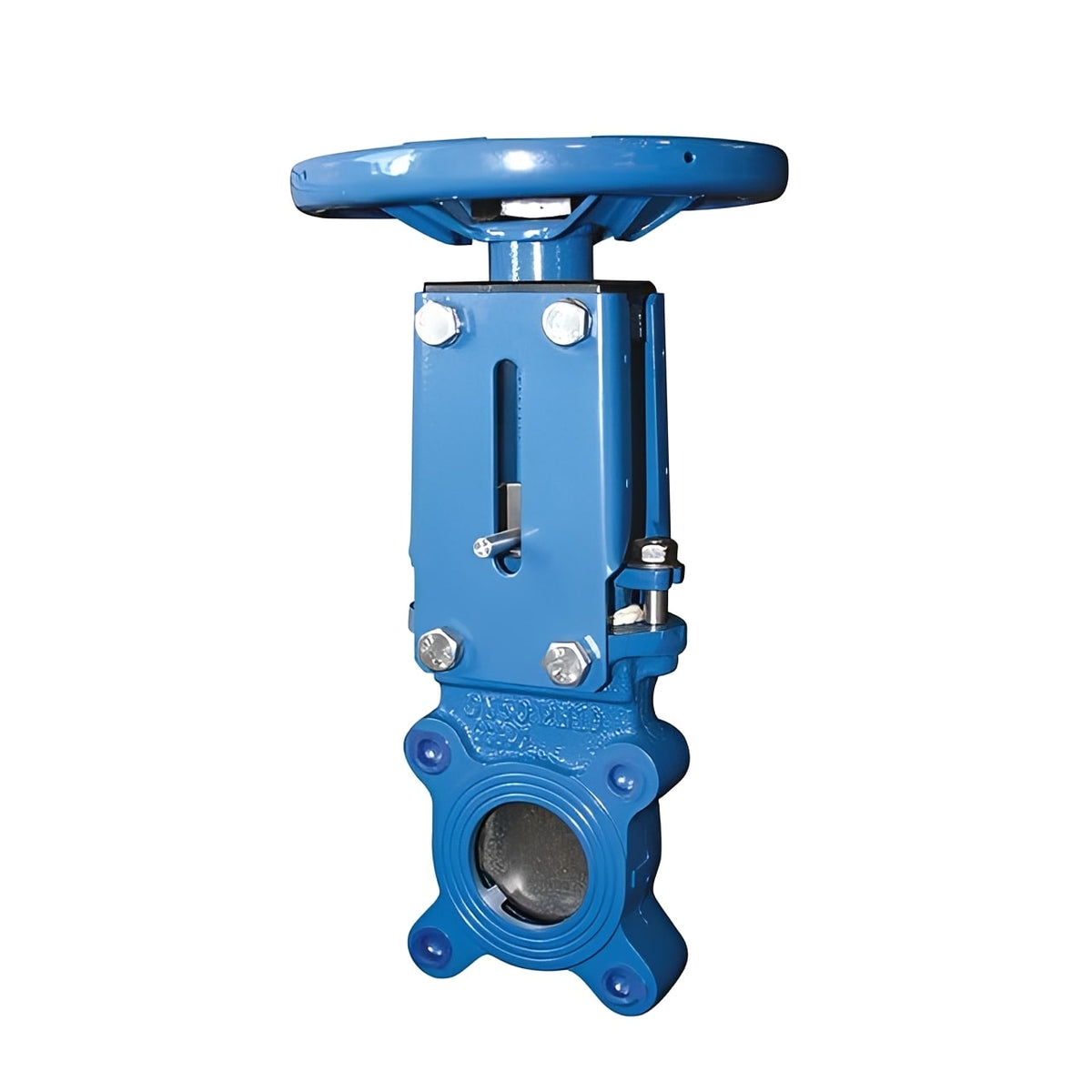 Cast Iron Unidirectional Knife Gate Valve PN10 - Handwheel depicted in blue, showcasing durable construction for flow isolation.