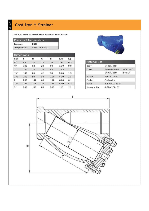 Cast Iron Y Strainer - PN16 Screwed BSPP 200°C technical drawing and specifications