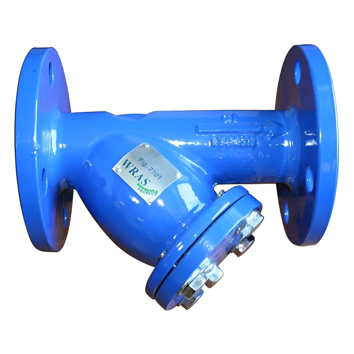 Cast Iron Y Strainer PN16 Flanged WRAS Approved, designed for filtering debris in pipeline systems.