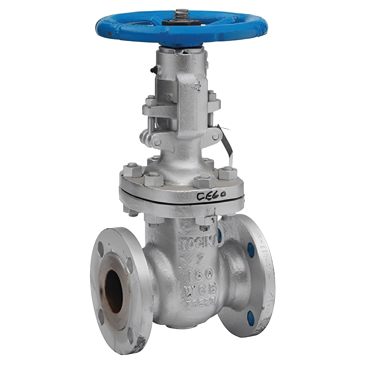 Cast Steel Gate Valve - Flanged ANSI 150 Class WCB with blue handwheel and flanged ends.