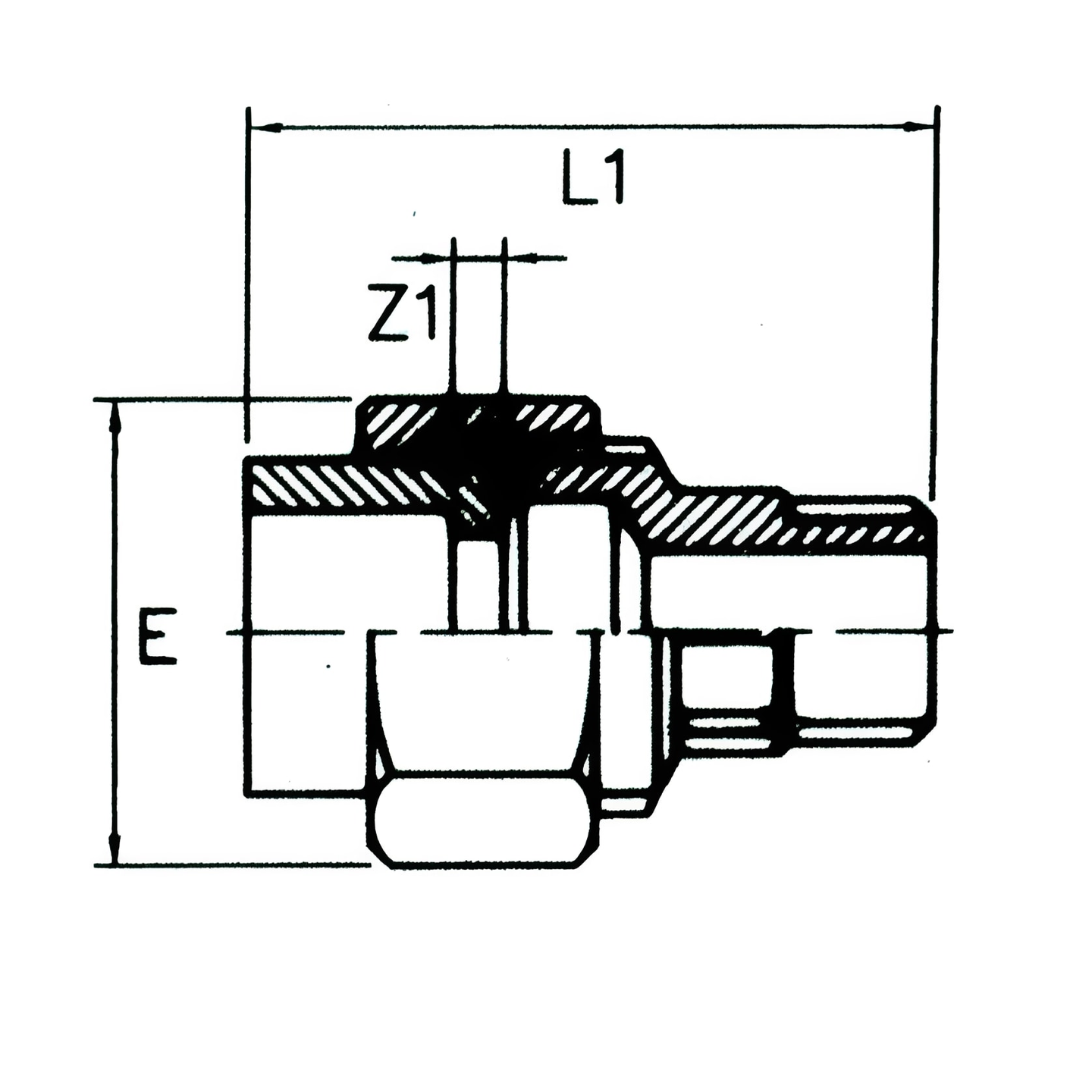 Diagram of ABS Composite Union to Male Brass Pipe Fitting with dimensional measurements L1, Z1, and E.