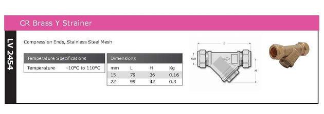CR Brass Y Type Strainer - Compression Ends Stainless Steel Mesh specifications and dimensions image.