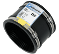 Fernco DC115 Flexible Drain Coupling 100-115mm displayed, featuring durable black rubber and metal clamps.