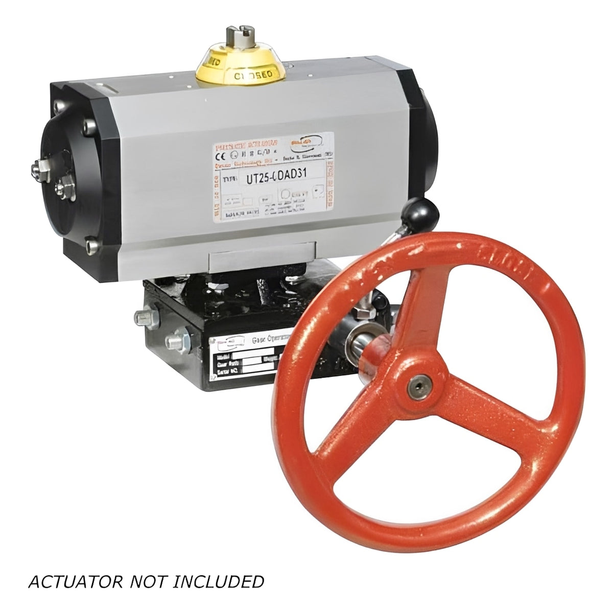 Declutchable Gearbox with red handwheel and actuator shaft, designed for efficient gear control.
