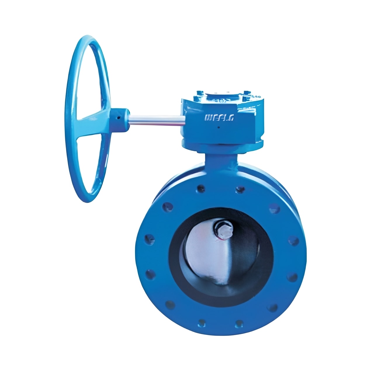 Double Flanged Butterfly Valve - EPDM Liner PN16 Ductile Iron with blue body and handle for flow control.