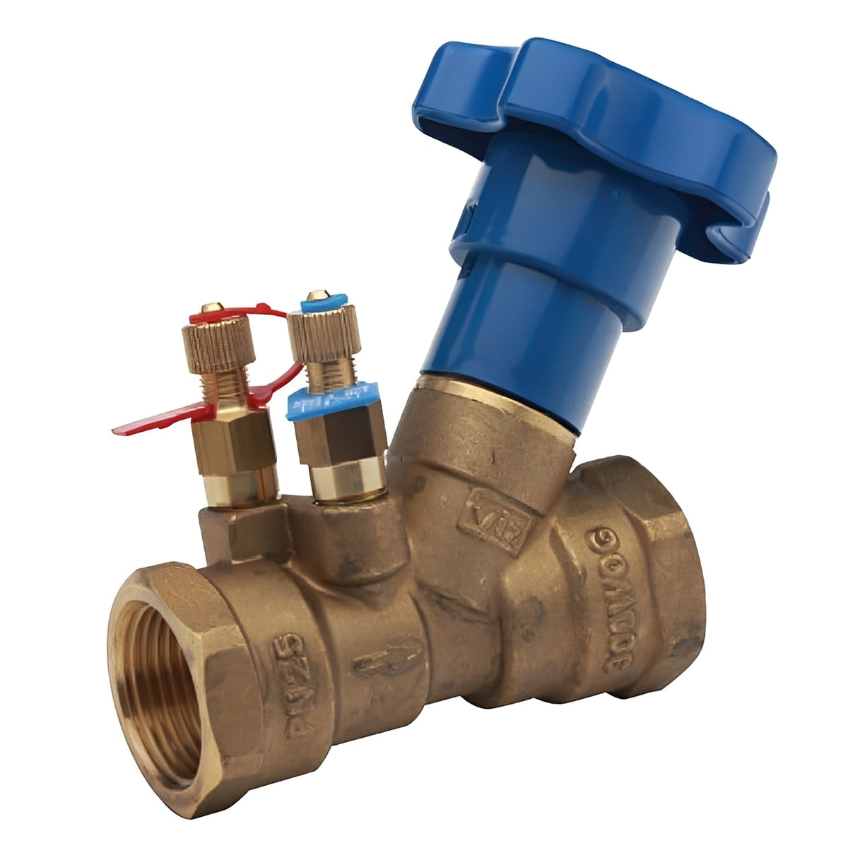 Double Regulating Balancing Valve FODRV - Fixed Orifice DZR Brass with blue handle and brass fittings