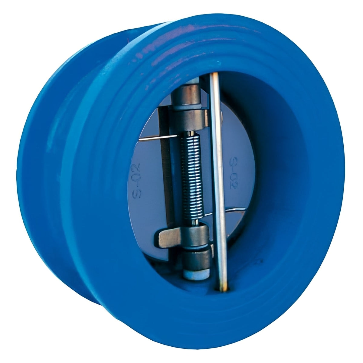 Dual Plate Wafer Check Valve - NBR Seat PN10 Ductile Iron with a blue streamlined body and spring-loaded plates.