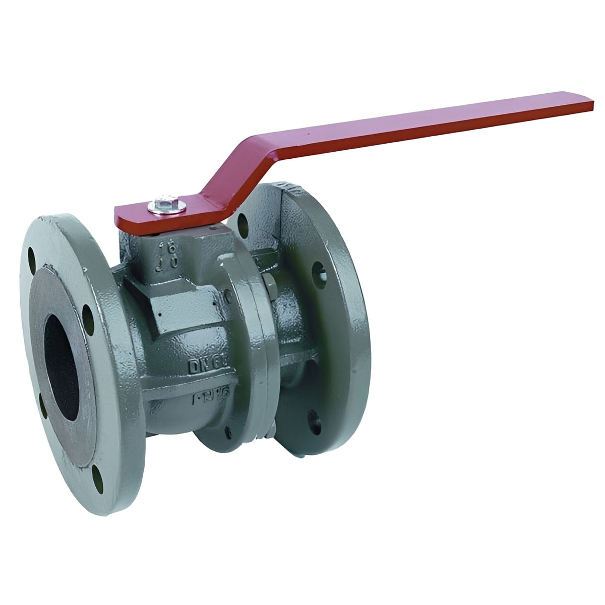Ductile Iron Ball Valve - Flanged PN16 Full-Bore with red lever and flanged ends for industrial use.