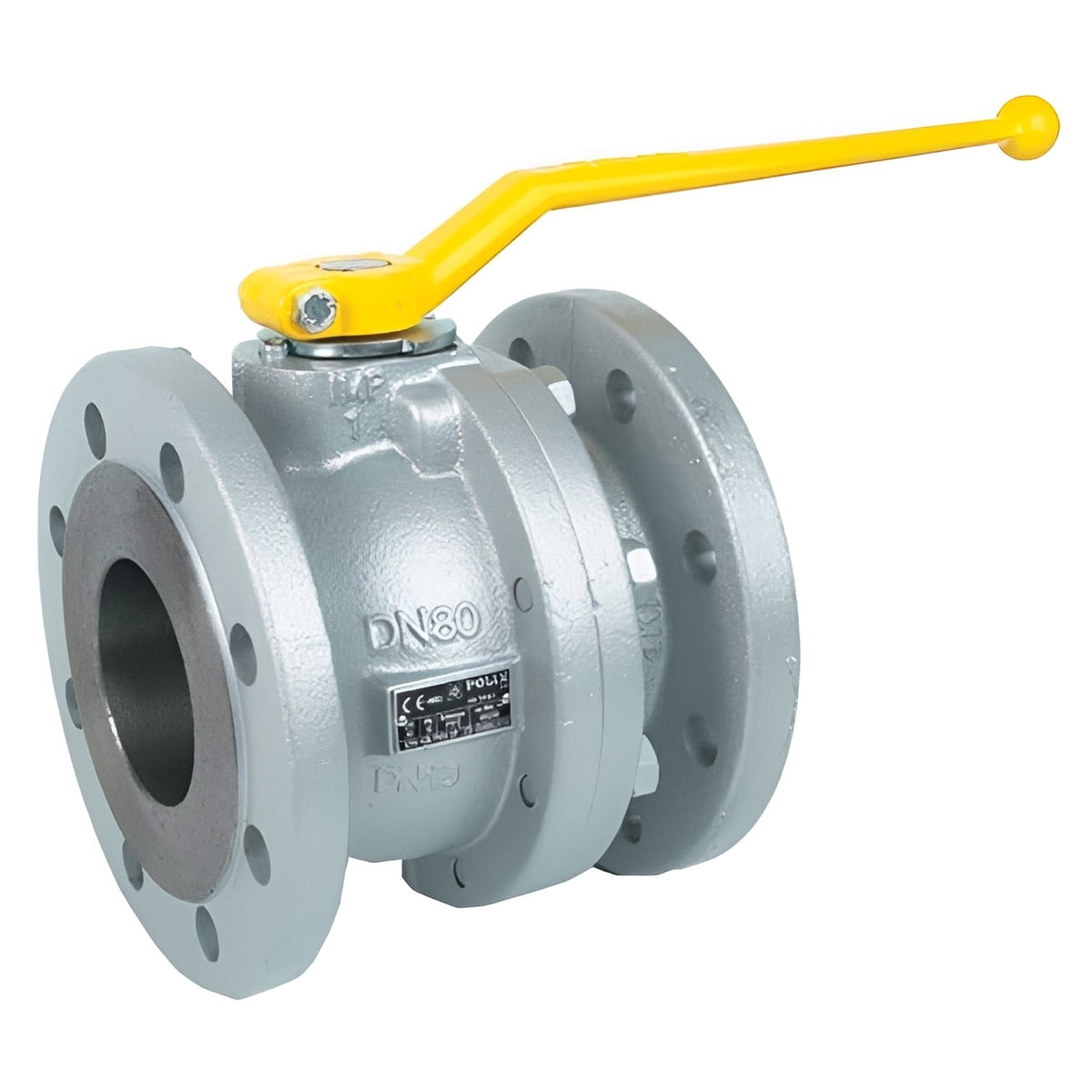 Ductile Iron Ball Valve PN16 Flanged EN331 Gas Approved with yellow lever and flanged connections.