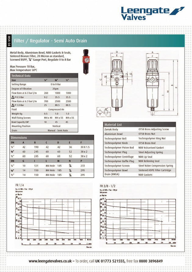 Filter Regulator with Semi-Automatic Drain - 8 Bar BSPP specifications and diagrams including technical data.