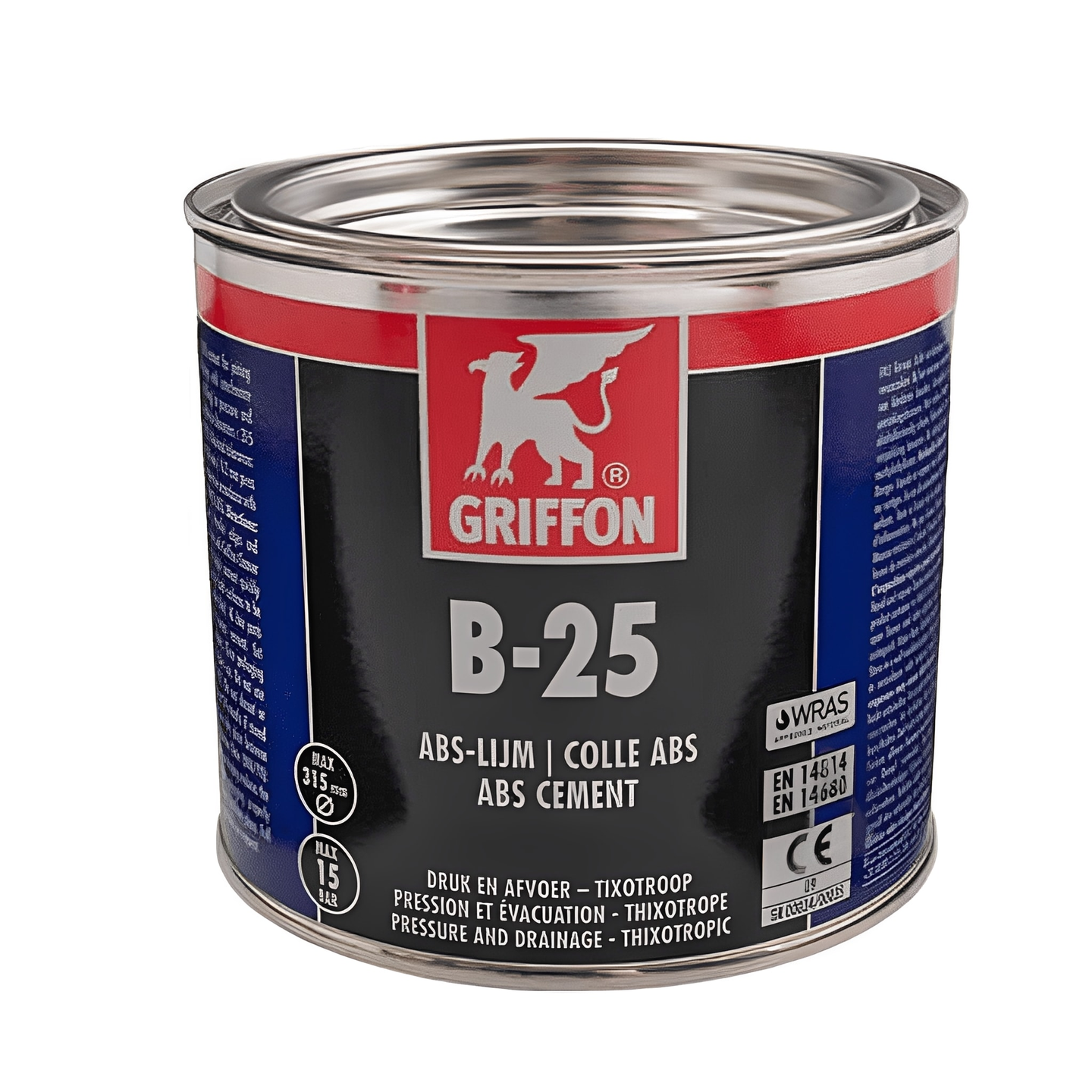 Griffon B-25 ABS Pipe Cement can for plumbing applications and sealing ABS pipes and fittings.