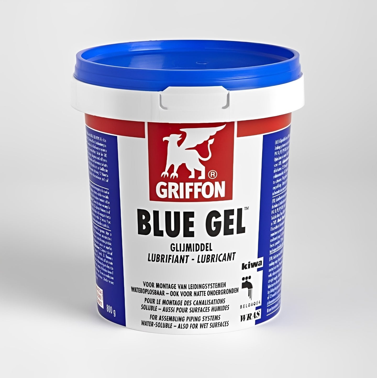 Griffon Blue Gel Lubricant for Rubber Sleeve Connections in a container, ideal for smooth installations.