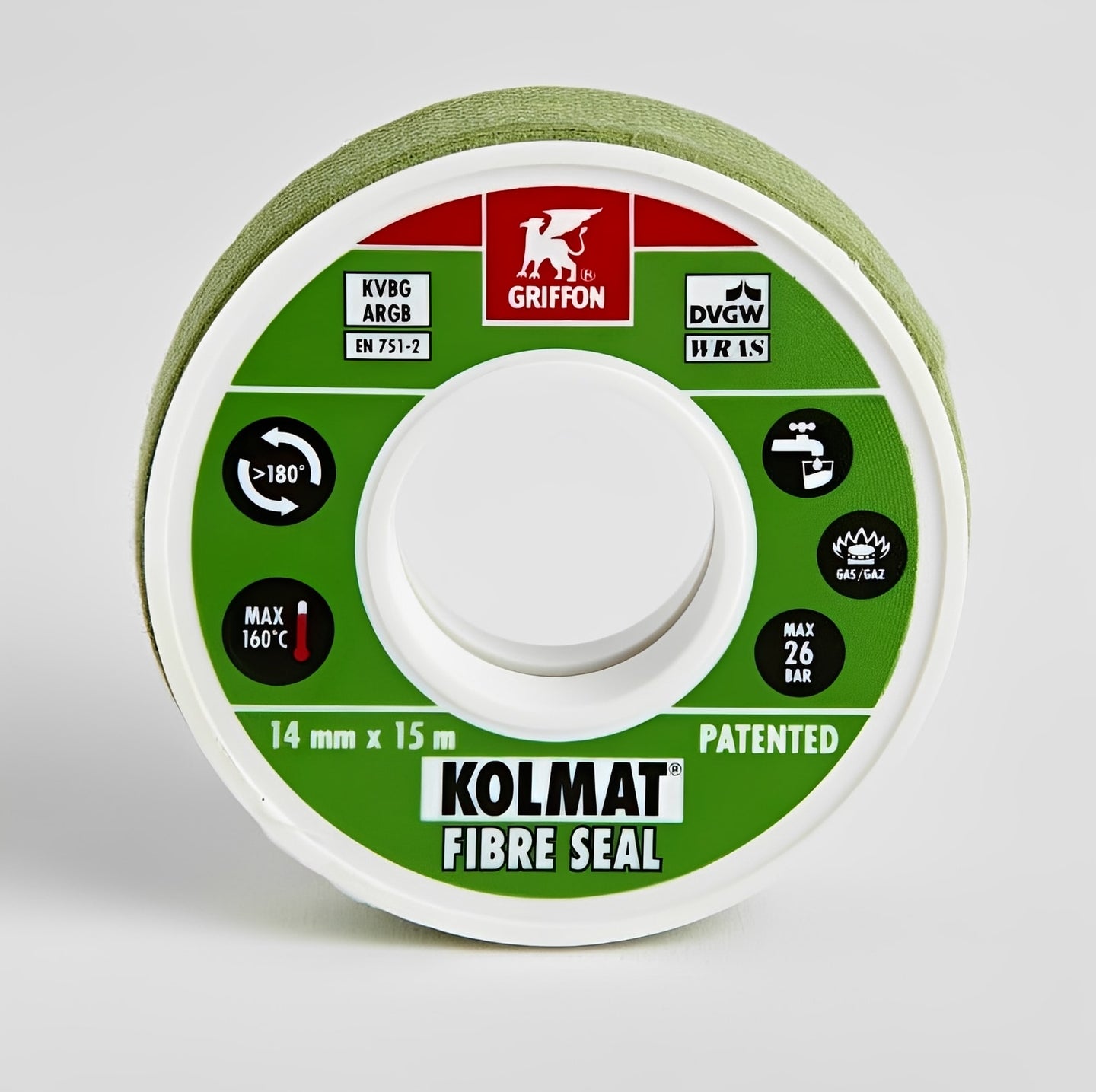 Griffon Kolmat Fibre Roll Thread Seal Tape 12mm x 15m packaging showcasing high-performance thread seal features.