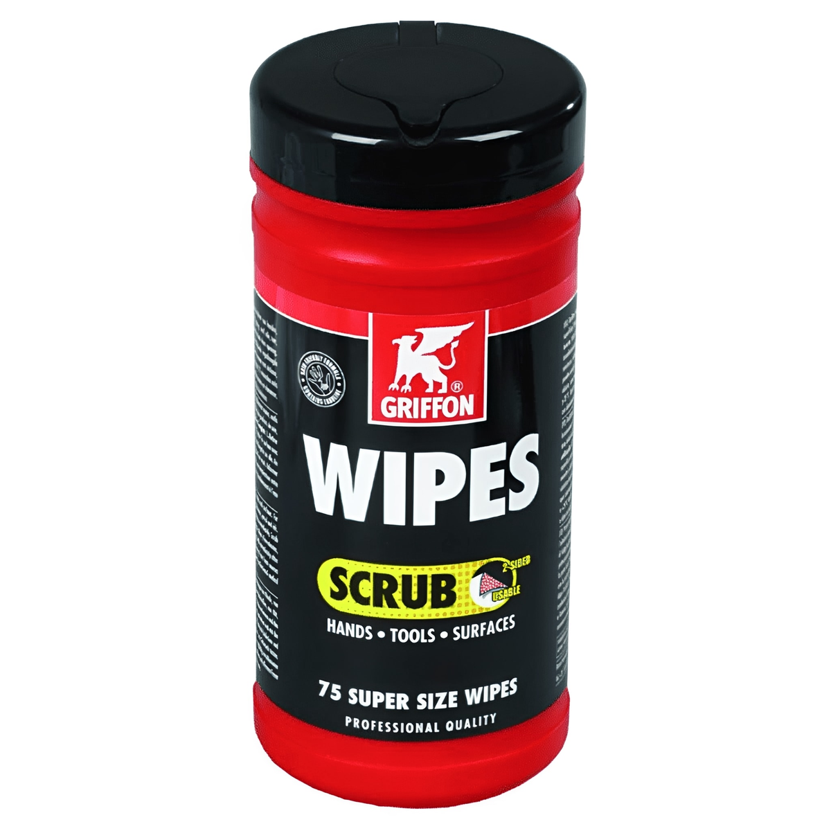 Griffon Multi-Functional Wipes container showing 75 super size wipes for cleaning hands, tools, and surfaces.