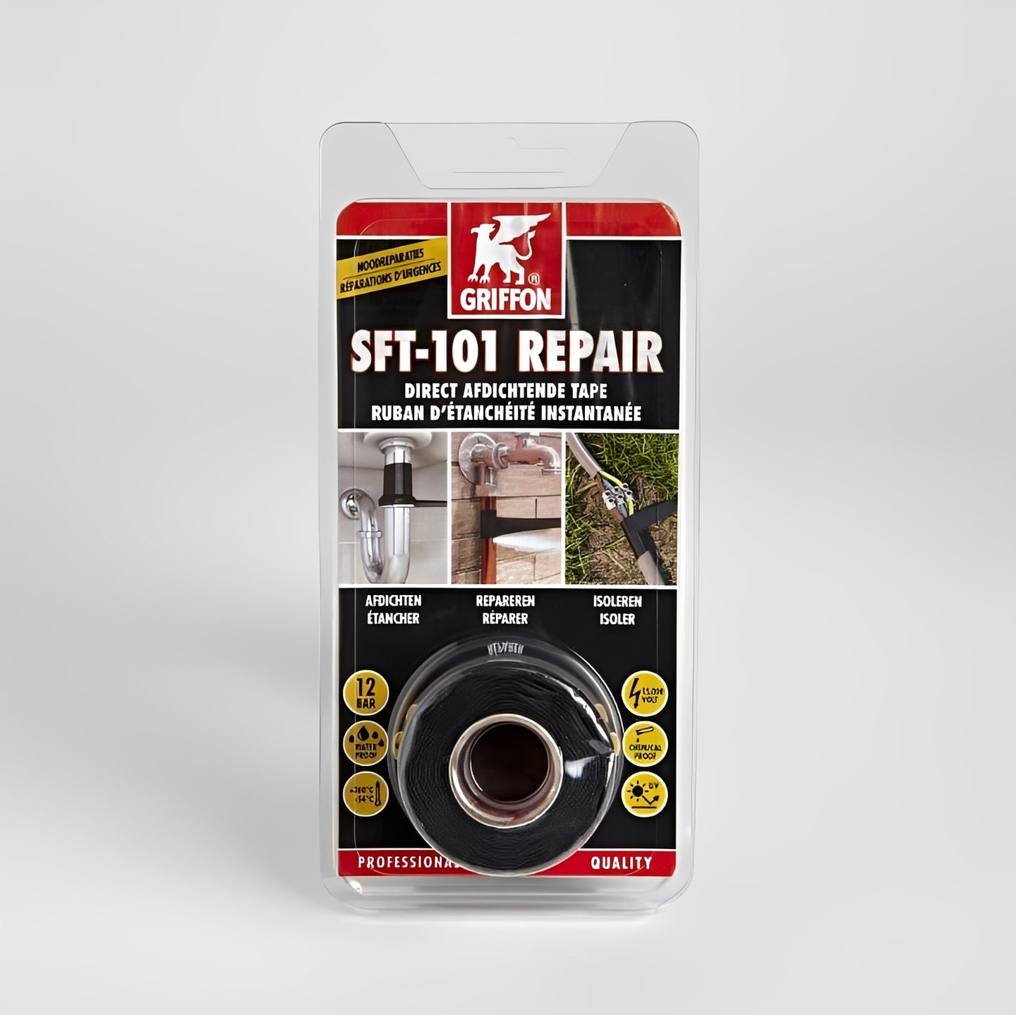 Griffon SFT-101 Repair Tape - 25mm x 3m Roll packaging featuring self-fusing tape for emergency repairs.