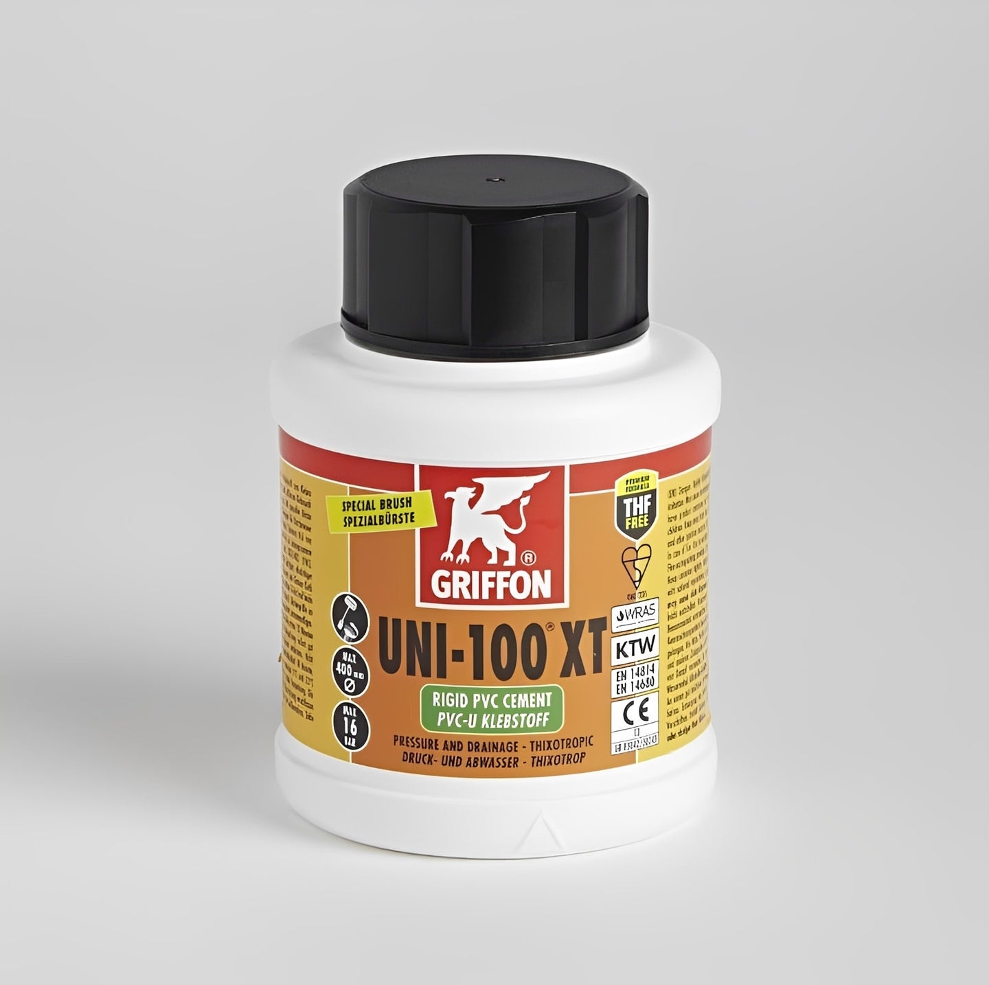 Griffon Uni 100 XT PVC-U Cement - Low Odour in a white container with clear labeling and black lid.