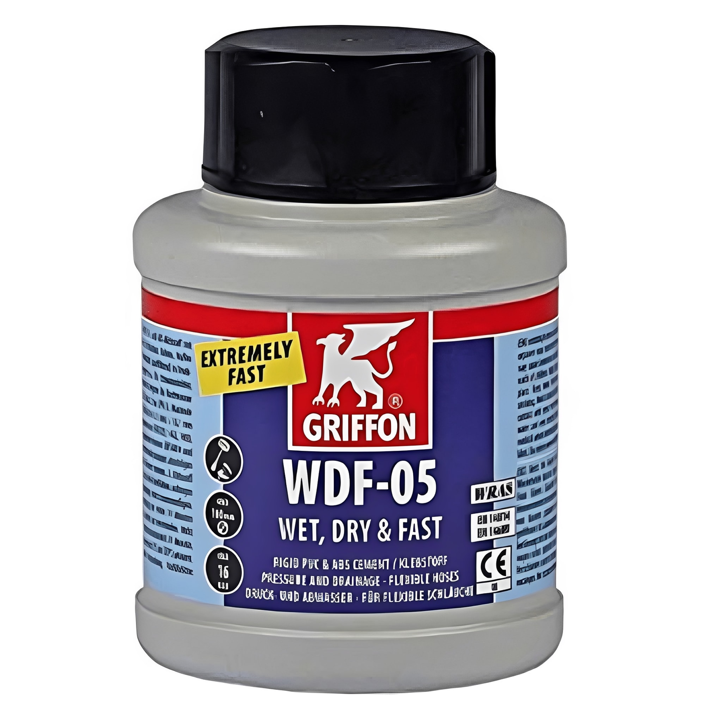 Griffon WDF-05 PVC Cement - Fast Setting adhesive container with label indicating extremely fast bonding.