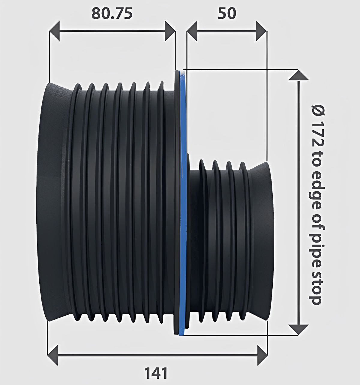 Fernco Icon Pushfit Coupling 100mm to 150mm Internal Pipe Connector side view with measurements