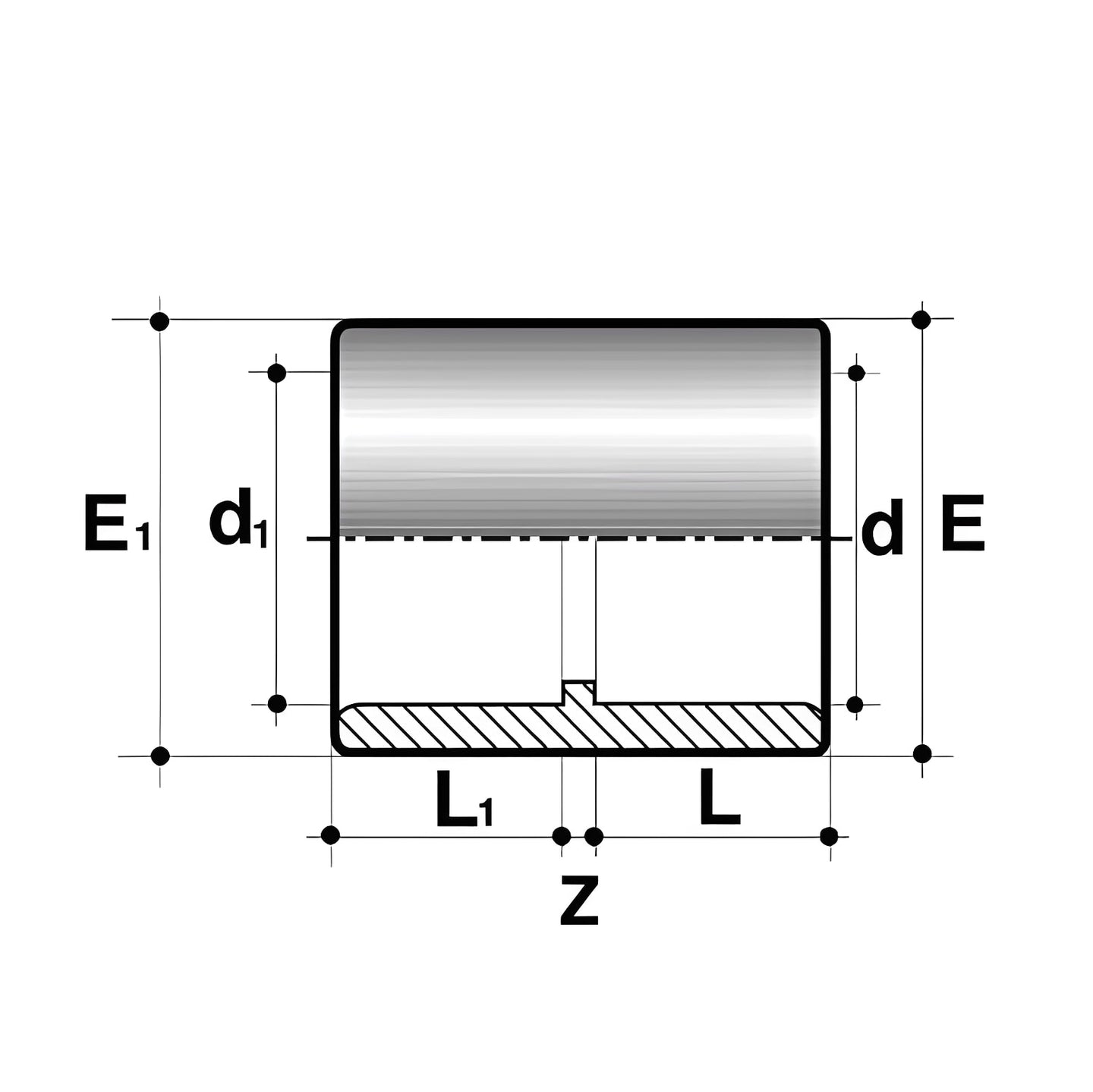 PVC Imperial to Metric Adaptor Socket - Pressure Pipe Fitting technical drawing with dimensions and labels for accurate fittings.