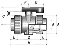 Industrial Ball Valve - Double Union PTFE Seat FPM Seals Plain Ends diagram showcasing detailed dimensions and design features.