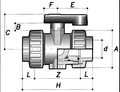 PVC Industrial Ball Valve - Double Union Threaded FPM Seals technical illustration showing dimensions and design features.